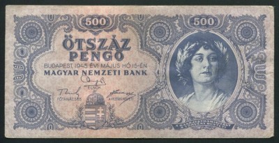 t758 UNGARIA 500 Pengo 1945 Pengő SUPERINFLATIE VF foto