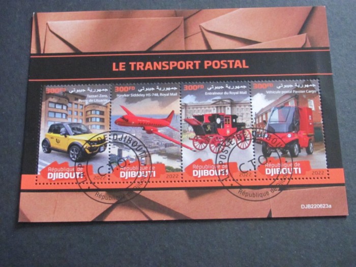 Bloc de Timbre Poștale Djibouti 2022 &ndash; &bdquo;Le Transport Postal&rdquo;, 4 Vehicule Poștale Istorice și Moderne, 300 FD, obliterat