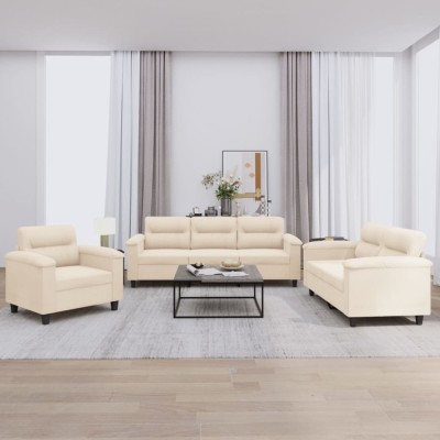 vidaXL Set de canapele cu perne, 3 piese, bej, microfibră foto