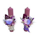 Set lumanari colorate pentru nunta sau botez cu aranjament frontal cu trandafir criogenat, plante uscate si frunza de palmier, 30 cm (Alb, Mov)