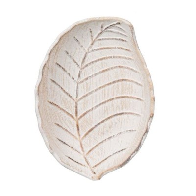 Platou decorativ, forma de frunza, Lemn, Alb/Bej, 18x13x3.5 cm foto