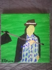 TABLOU PE PANZA CU SASIU NOU 20X20 CM OM SARAC PRET DOAR 20 LEI PICTOR FLORIAN