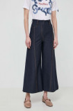 Max Mara Leisure pantaloni femei, culoarea bleumarin, lat, high waist 2416780000000