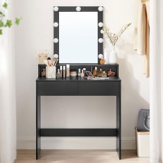 VASAGLE Masa de toaleta cu iluminare LED, cu oglinda, luminozitate reglabila, cu 2 sertare, 80x40x145cm, negru Household NewTrend