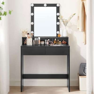 VASAGLE Masa de toaleta cu iluminare LED, cu oglinda, luminozitate reglabila, cu 2 sertare, 80x40x145cm, negru foto