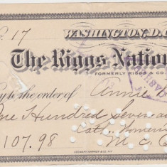 CHECK THE RIGGS NATIONAL BANK WASHINGTON 1913 VF WTMK