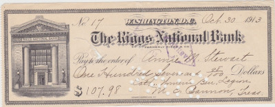CHECK THE RIGGS NATIONAL BANK WASHINGTON 1913 VF WTMK foto