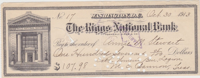 CHECK THE RIGGS NATIONAL BANK WASHINGTON 1913 VF WTMK