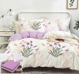 Cumpara ieftin Lenjerie Pat Bumbac 4 Piese Carpatica Crem Lila cu Elastic 180x200