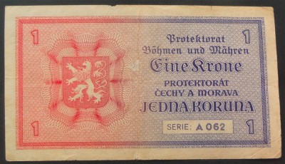 Bancnota istorica 1 KRONE - PROTECTORAT BOHEMIA &amp;amp; MORAVIA, anul 1940 *cod 645 foto