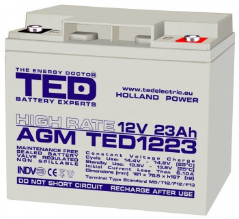 Acumulator 12V 23A AGM VRLA High Rate 181x76x167mm M5 TED Battery Expert Holland foto