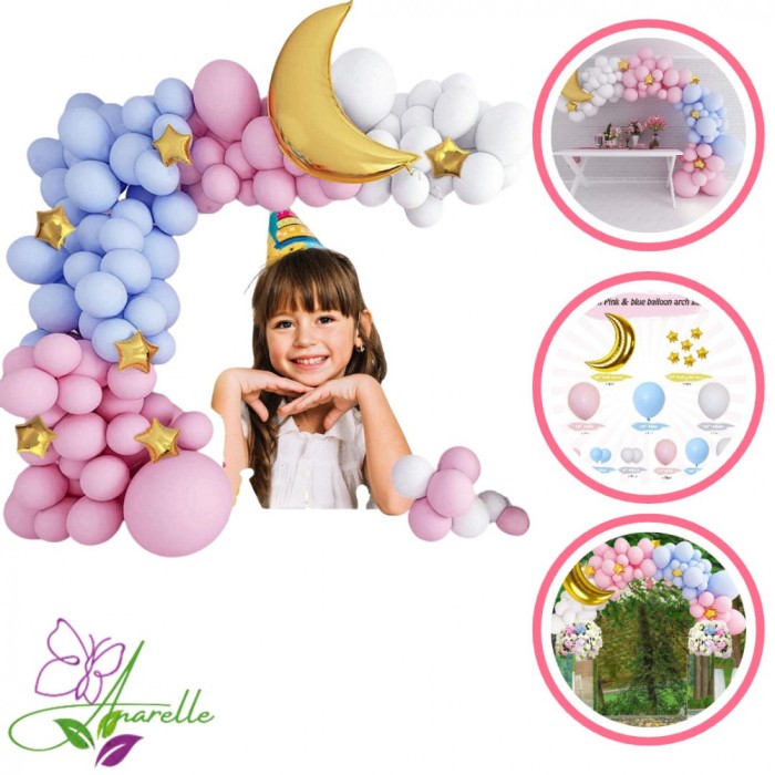 Arcada cu Baloane din Latex si Folie Aurie, Set Premium pentru Decorarea Petrecerilor, Include Luna si Stele, Accesorii pentru Montaj, Ideal pentru Bo