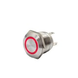 Buton push iluminat cu mentinere, 20A 12, 24V DC, 19mm, IP67, metalic, inel LED rosu, 6 pini, FLM19-FJ-6-EX000-S11Z4-RED