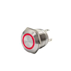 Buton push iluminat cu mentinere, 20A 12, 24V DC, 19mm, IP67, metalic, inel LED rosu, 4 pini, FLM19-FJ-6-EX000-S11Z4-RED