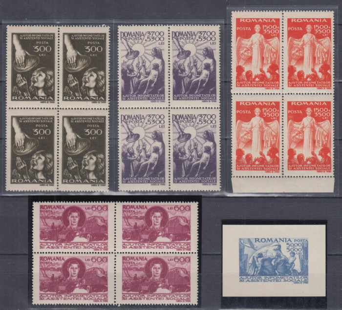 ROMANIA 1947 LP 206 LP 207 SECETA BLOCURI DE 4 TIMBRE+COLITA NEDANTELATA MNH