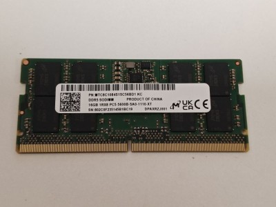 Memorie ram Laptop, Lenovo, FRU SM31L87486, SM31L87486, Micron 16GB, DDR5, 1Rx8, 5600Mhz, PC5-5600B, MTC8C1084S1SC56BD1 KC, PC5-44800, CL40, Non-ECC, foto