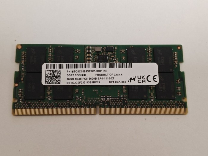 Memorie ram Laptop, Lenovo, FRU SM31L87486, SM31L87486, Micron 16GB, DDR5, 1Rx8, 5600Mhz, PC5-5600B, MTC8C1084S1SC56BD1 KC, PC5-44800, CL40, Non-ECC,