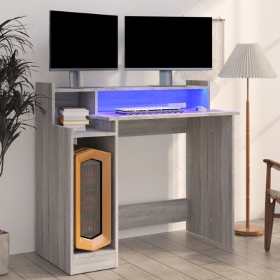 vidaXL Birou cu lumini LED, gri sonoma, 97x90x45 cm lemn prelucrat foto