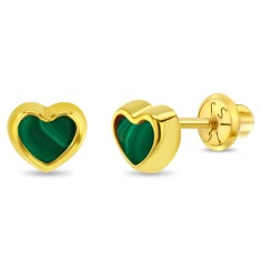 Cercei din Aur 14K pentru Copii &ndash; Inimioara cu Malachit Verde, inchidere cu Filet si Protectie