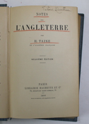 NOTES SUR L &amp;#039;ANGLETERRE par H. TAINE , 1890 , MICI SUBLINIERI PE PAGINA DE TITLU * foto