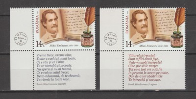 ROMANIA 2025 MIHAI EMINESCU 2 serii de 1 timbru cu tabsuri diferite LP.2499 MNH foto