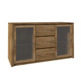 Cumpara ieftin Comoda cu 2 usi din sticla si trei sertare stejar lefkas inchis Montana 140x43x80 cm