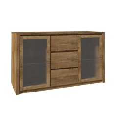 Comoda cu 2 usi din sticla si trei sertare stejar lefkas inchis Montana 140x43x80 cm