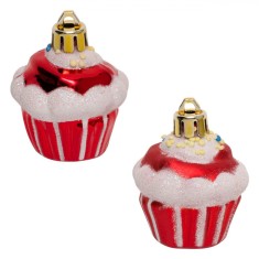 Set Ornamente Brad Craciun, Cupcake, Glitter, 5.5cm, Rosu-Alb, 4 Bucati foto