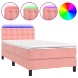 Cumpara ieftin Pat cu arcuri, saltea si LED, roz, 90x190 cm, catifea
