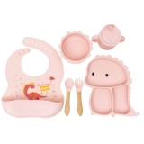 Set 6 piese pentru hranire bebelus, din silicon, model dinozaur, roz Z-TOOLS / ZTS 9095