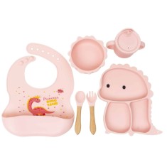 Set 6 piese hranire bebelus silicon, model dinozaur, roz, farfurie ventuza si canita antrenament