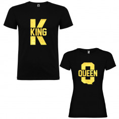 Set 2 Tricouri cuplu King K si Queen Q, negru/auriu foto
