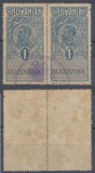 ROMANIA anii 1920 pereche timbru fiscal uzat Ferdinand 1 Leu supratipar BUCOVINA