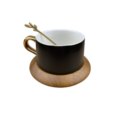 Set Ceasca de cafea cu farfurie din lemn si lingurita, Negru 200ml foto
