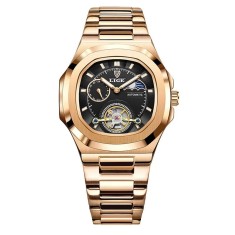 Ceas Barbati Lige 6821 Rose Gold-Negru , Mecanic, Design Business, Functii Multiple, Rezistent la socuri, Rezistent la Apa 3ATM