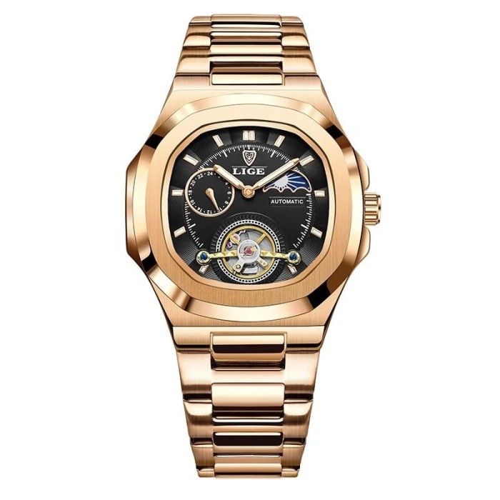 Ceas Barbati Lige 6821 Rose Gold-Negru , Mecanic, Design Business, Functii Multiple, Rezistent la socuri, Rezistent la Apa 3ATM