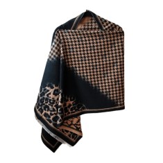Sal din vascoza negru cu bej, print leopard si pied du coq, 195 x 65 cm