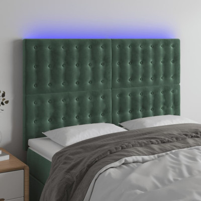 vidaXL Tăblie de pat cu LED, verde &amp;icirc;nchis, 144x5x118/128 cm, catifea foto