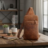 Borseta crossbody barbati, Diagonala, Mod Purtare Stanga, Dreapta, GREEN WOOD, 17x26x4 cm, Piele naturala