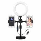 Suport dublu pentru telefon cu lampa circulara LED, TrendiShop&reg;, reglabila pe 3 nivele de intensitate, ideal pentru make-up, continut video, Vlog-uri,