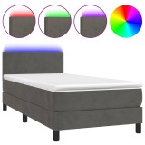 Cumpara ieftin Pat cu arcuri, saltea si LED, gri inchis, 90x200 cm, catifea