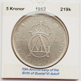 473 Suedia 5 kronor 1952 Gustaf VI Adolf (70th Birthday) km 828 argint, Europa
