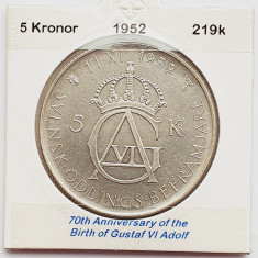 473 Suedia 5 kronor 1952 Gustaf VI Adolf (70th Birthday) km 828 argint