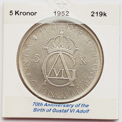 473 Suedia 5 kronor 1952 Gustaf VI Adolf (70th Birthday) km 828 argint foto