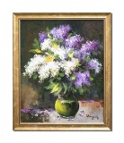 Cumpara ieftin Tablou cu liliac pictat manual inramat, Puritate, 55x45cm ulei pe panza, rama din lemn, Geo Ungureanu