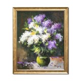 Tablou cu liliac pictat manual inramat, Puritate, 55x45cm ulei pe panza, rama din lemn, Geo Ungureanu