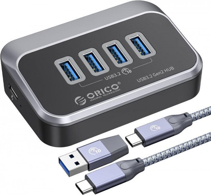 Hub USB ORICO 10Gbps cu 4 porturi USB A, hub USB 3.2 Gen 2 cu cablu USB-C de 1.6