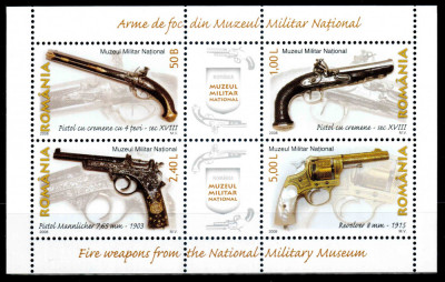 Romania 2008, LP 1794 c, Arme de foc Muzeu Militar, bloc de 4, MNH! LP 13,40 lei foto
