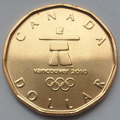 Monedă 1 Dollar 2010 Canada, unc, Lucky Loonie, Vancouver Olympics, km#883 foto
