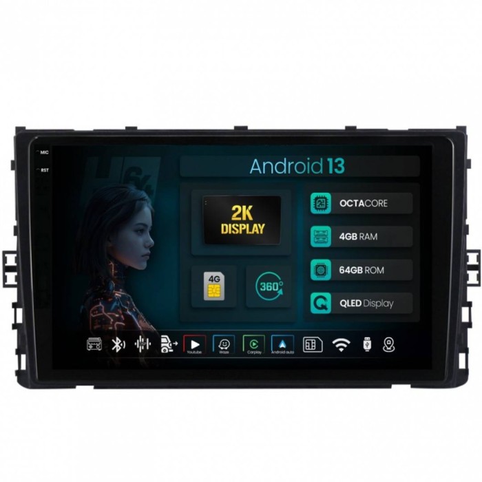 Navigatie 2K Volkswagen Taigo (2021+) 4GB RAM Android 13 Octacore Slot Sim 4G DSP GPS Wi-FI Carplay Android Auto USB Bluetooth Waze Touchscreen 9.5 In